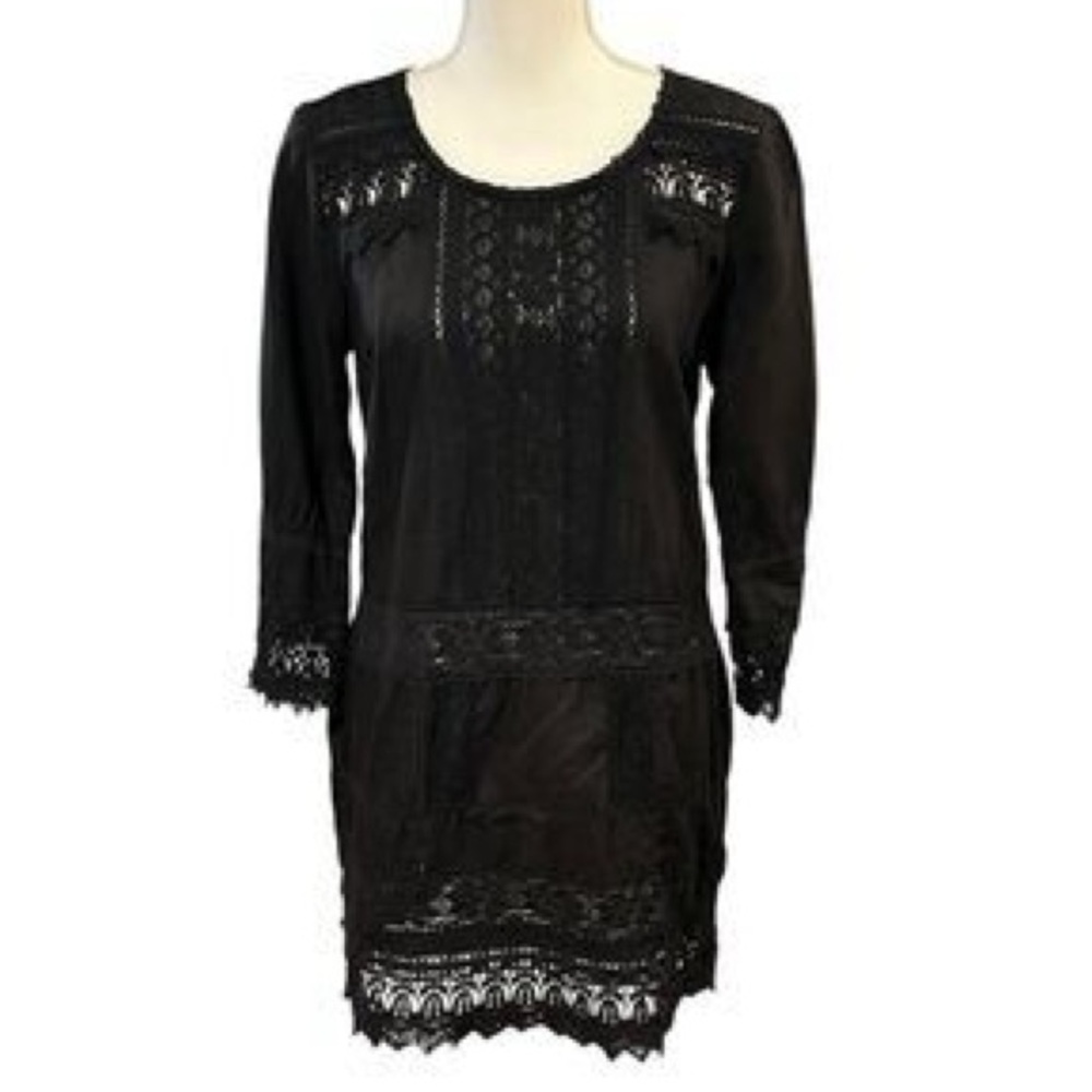 Peruvian Connection Black Linen Blend Timeless Crochet Tunic Dress